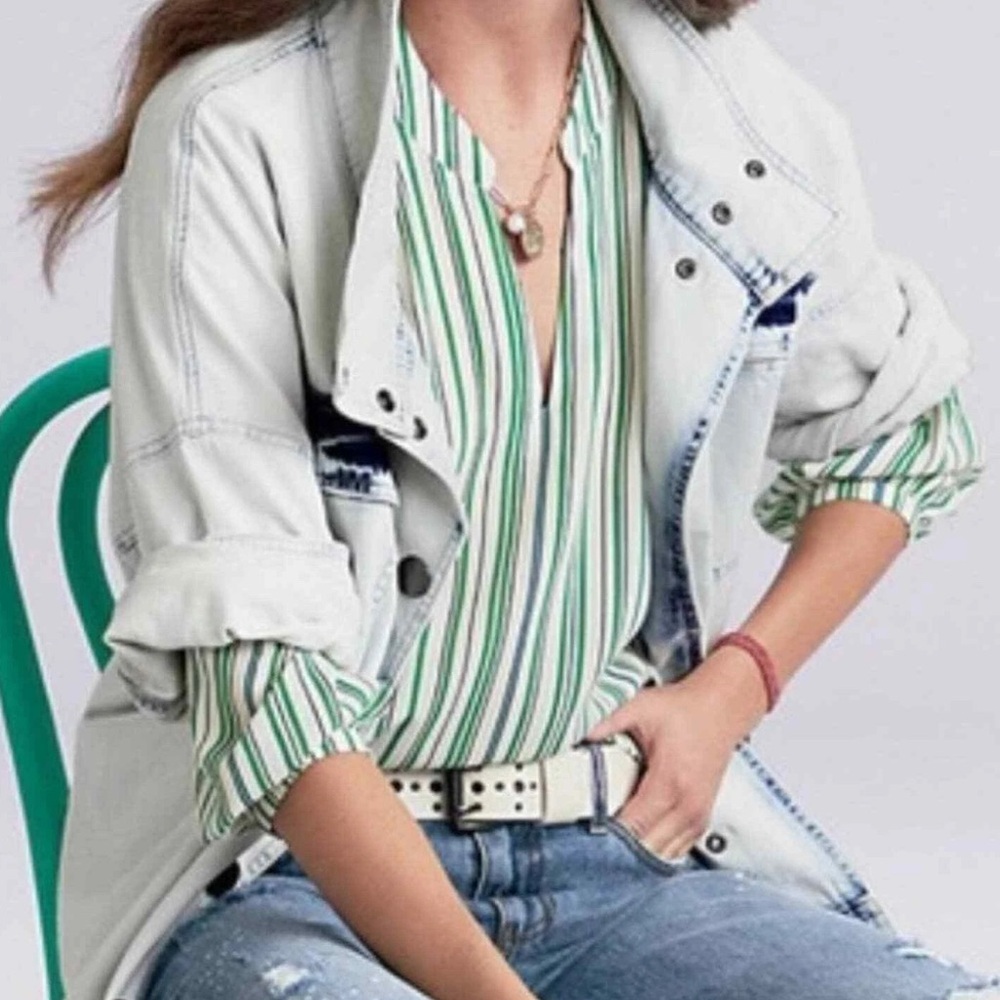 CAbi Green and White Striped Blouse